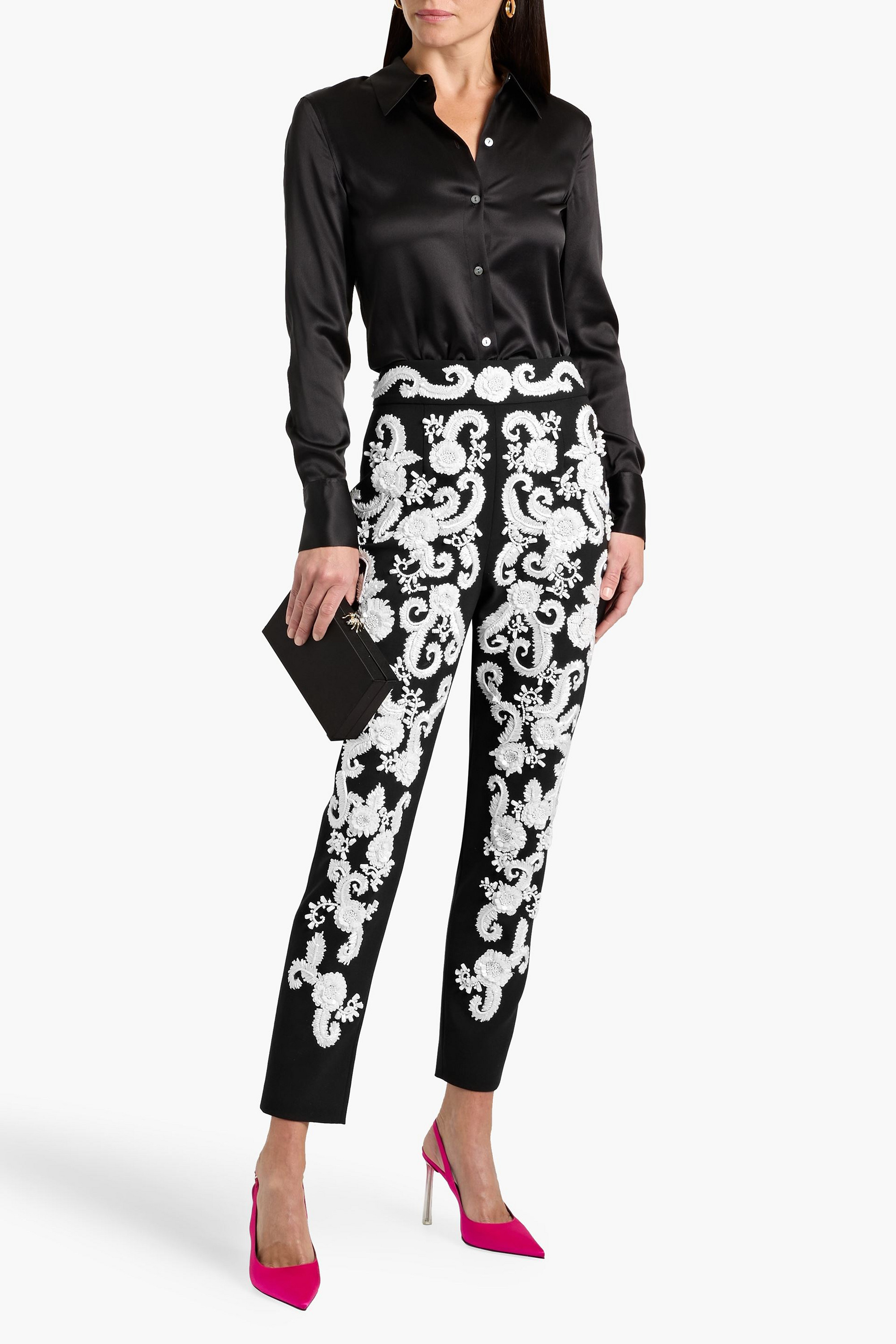 Carolina Herrera Embellished wool-blend crepe slim-leg pants