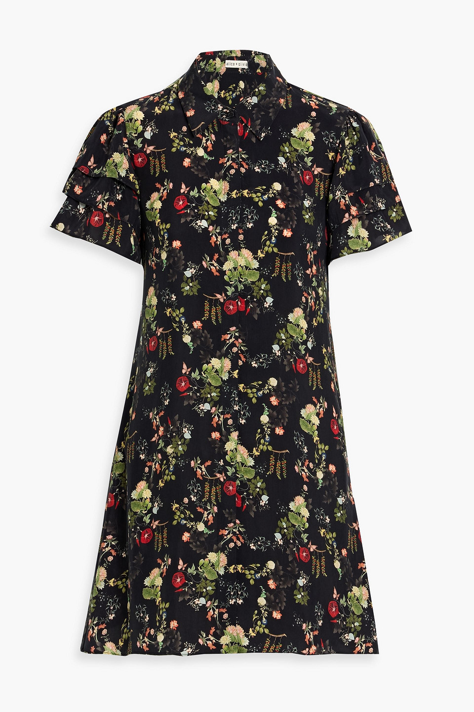 alice olivia - jem floral-print cupro mini shirt dress - black - xs