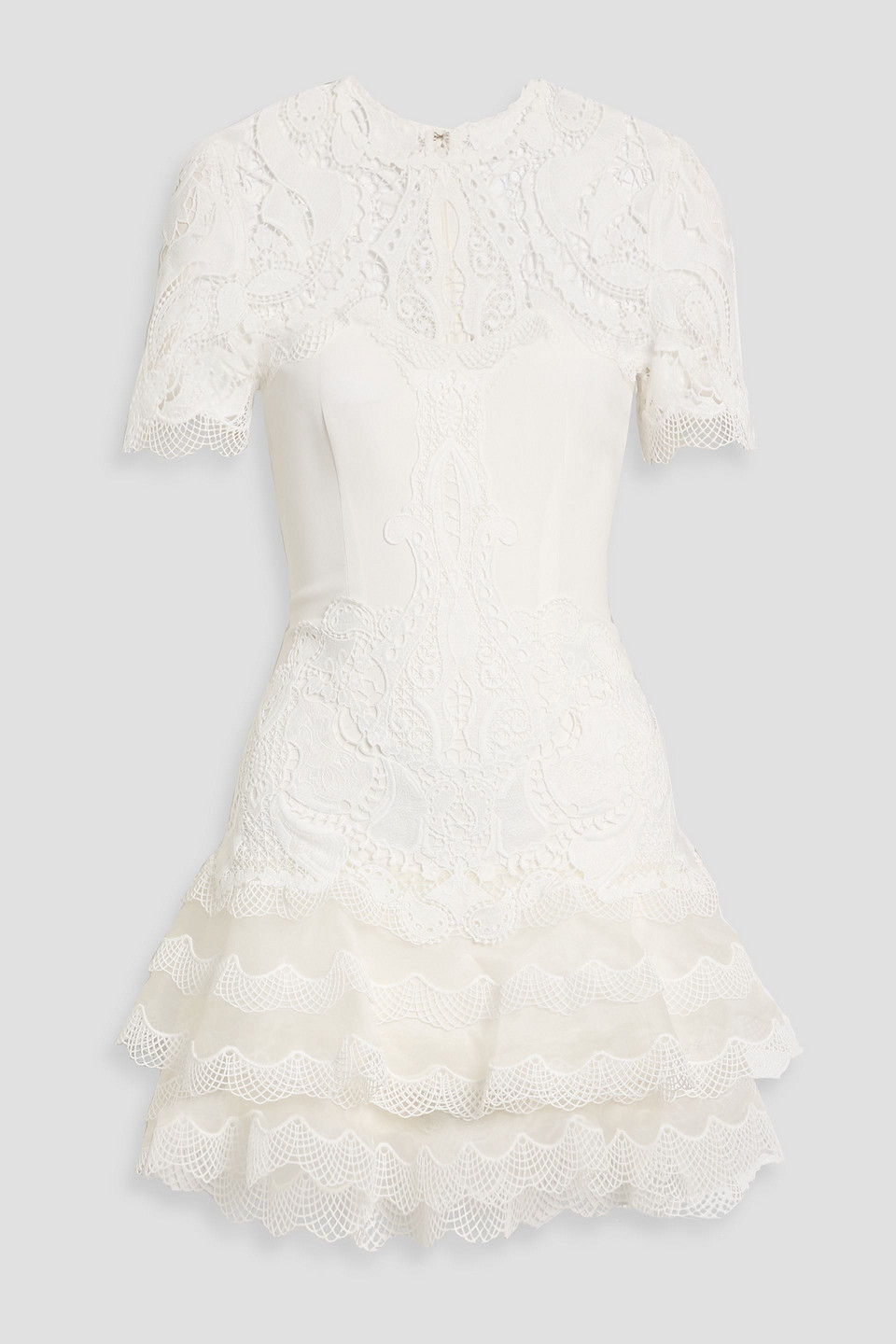 simkhai - paislee tiered guipure lace, crepe and organza mini dress - white - us 4