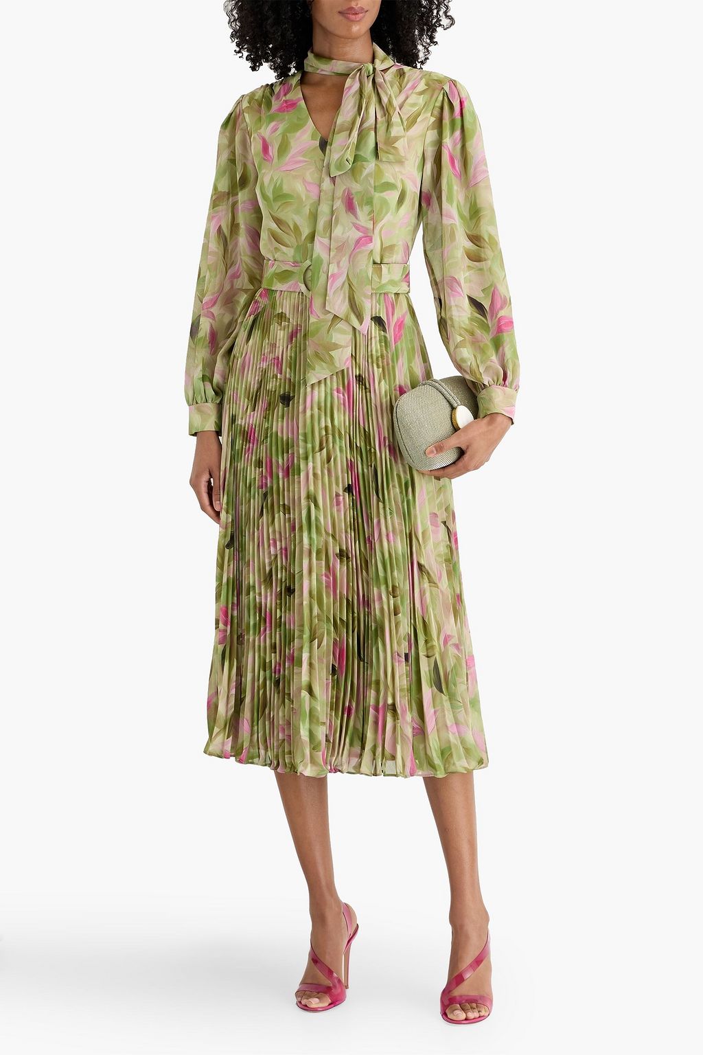 mikael aghal belted pleated midi dress Mikael Aghal Pussy-Bow Pleated Crepe Midi Dress in Blue