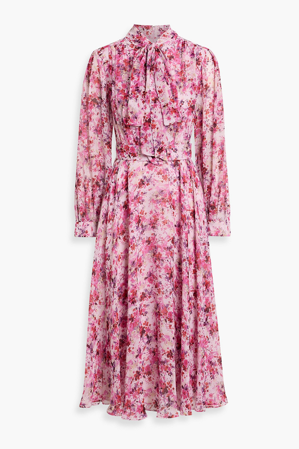 mikael aghal - pussy-bow metallic floral-print crepon midi dress - pink - us 8