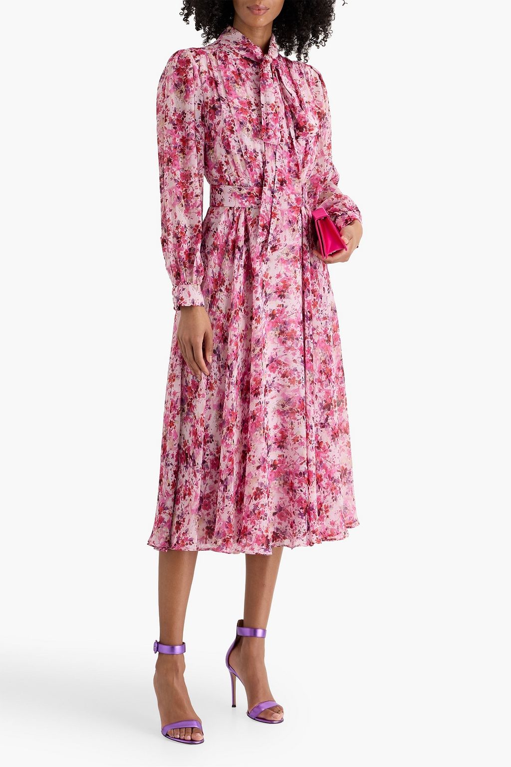 MIKAEL AGHAL Pussy-bow metallic floral-print crepon midi dress | THE OUTNET