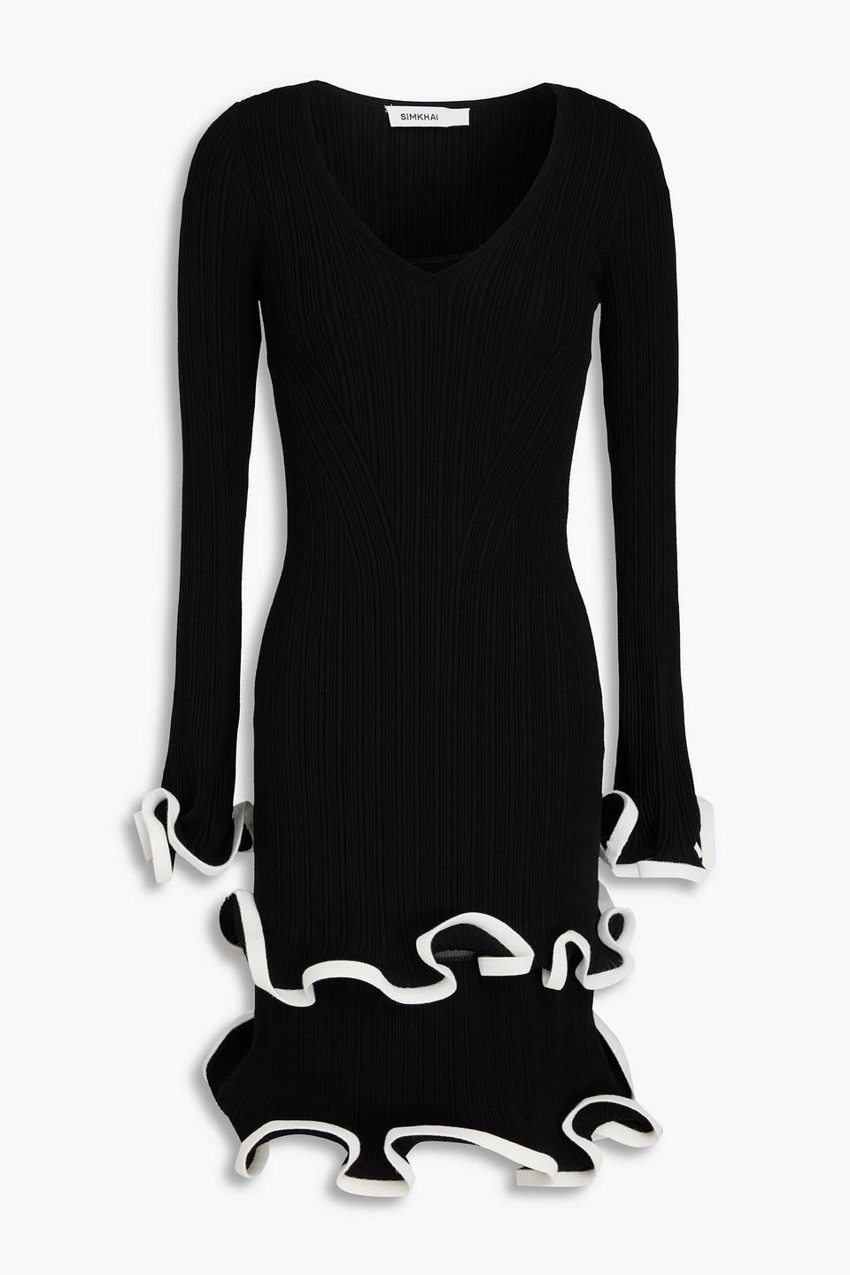 simkhai - avalon ruffled ribbed-knit mini dress - black - m