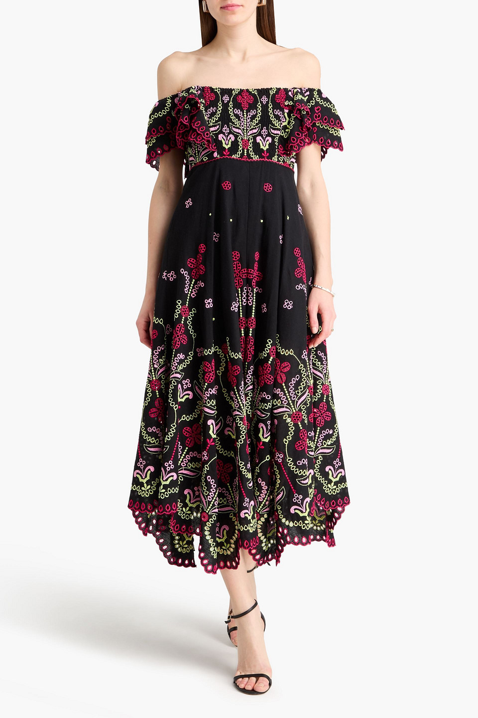  Charo Ruiz Ibiza - Schulterfreies Midikleid Aus Einer Baumwollmischung Mit Lochstickerei - Schwarz - S 