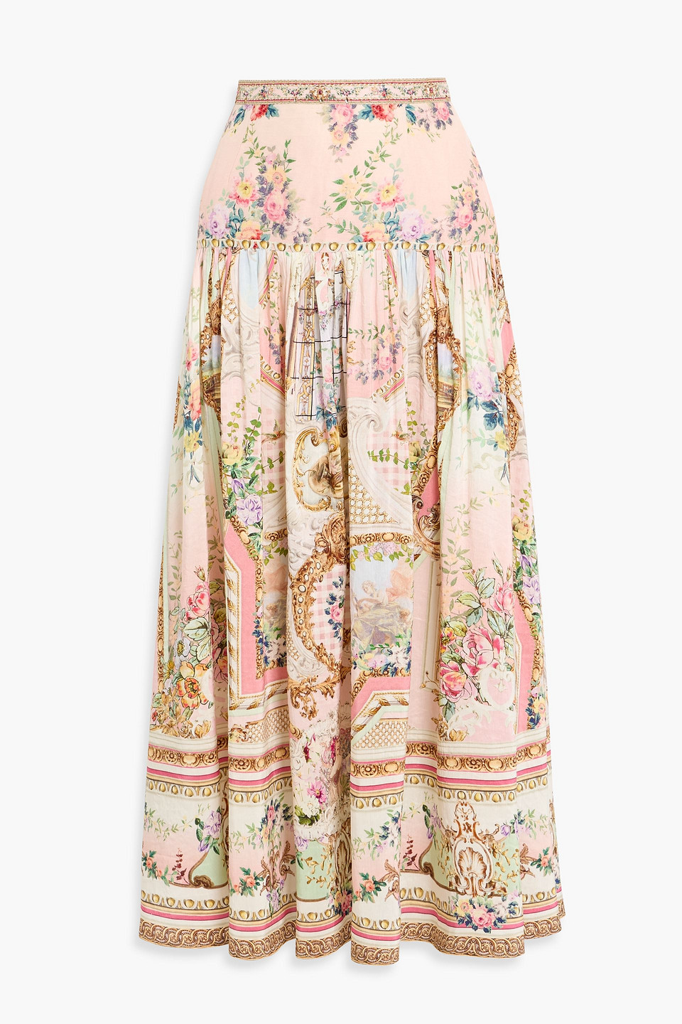 camilla - crystal-embellished floral-print linen and silk-blend maxi skirt - pink - s