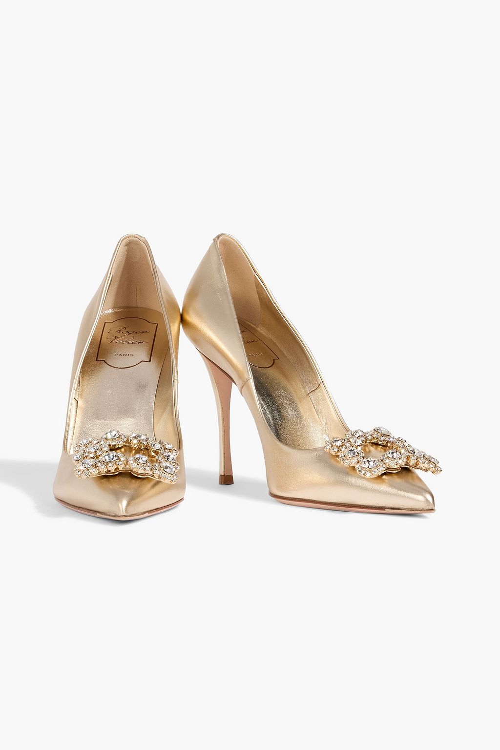 ROGER VIVIER Flower Strass embellished metallic leather pumps