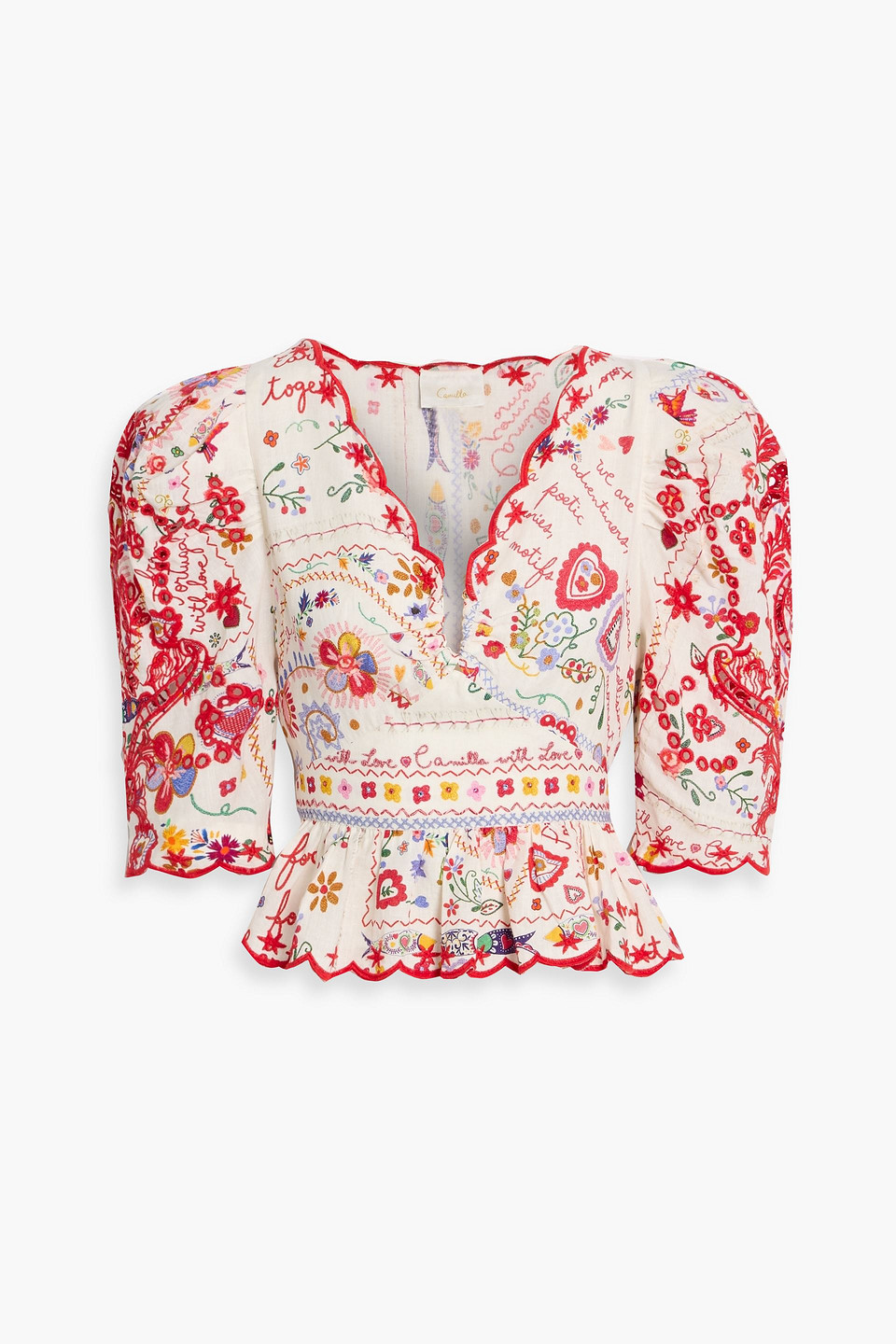 camilla - broderie anglaise-trimmed embellished printed linen blouse - red - s