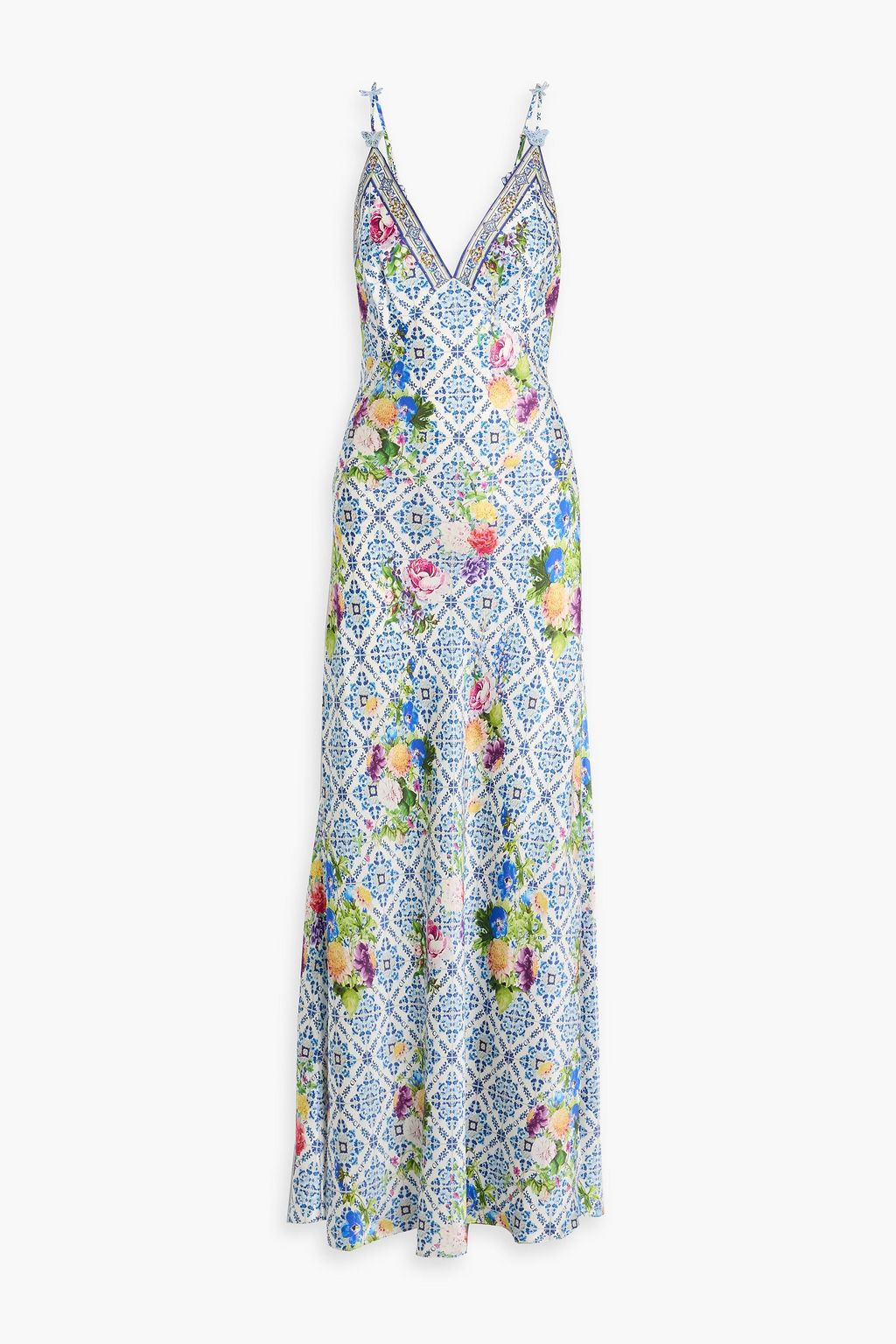 black and blue floral maxi dress Camilla: Shaped waistband dress with gathered sleeves, white-blue main image 0