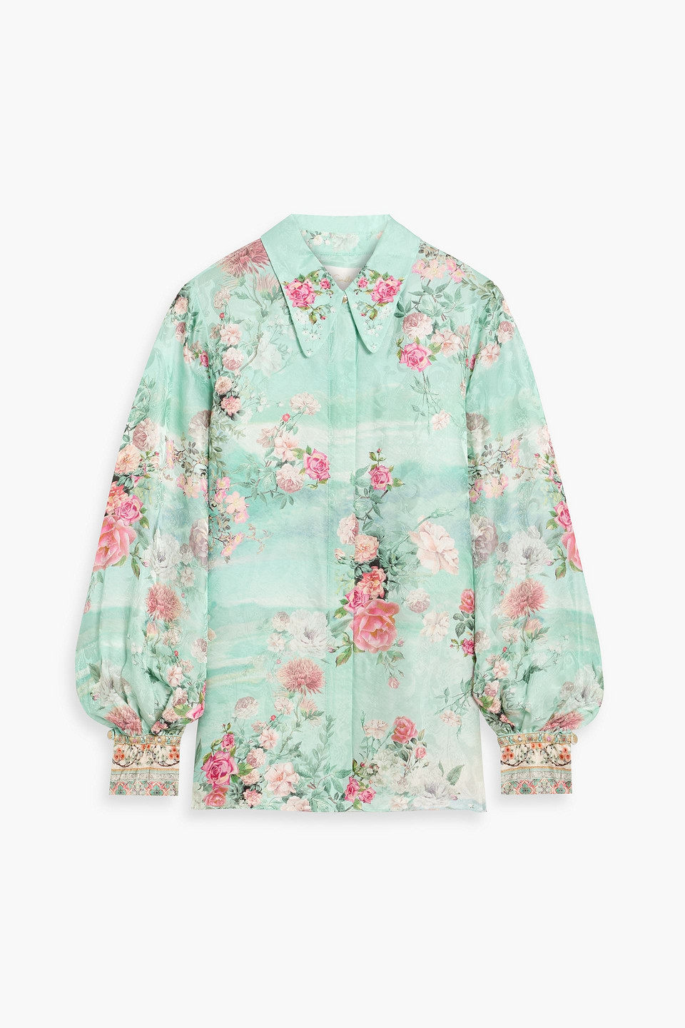 camilla - crystal-embellished printed satin-jacquard shirt - green - s
