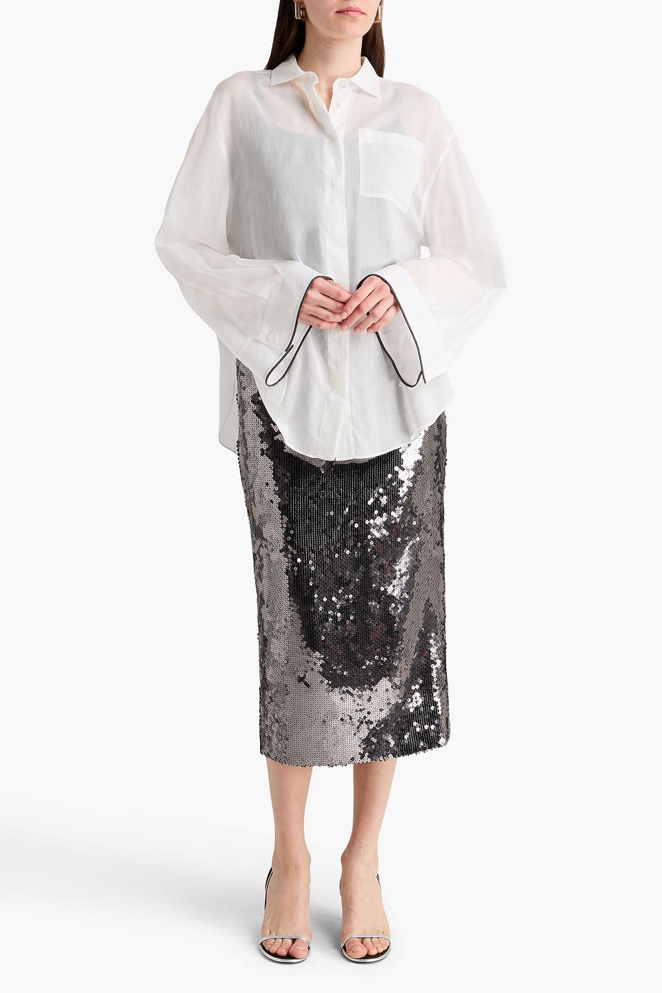 Brunello Cucinelli Oversized White Shirt With Contrasting Hem In Cotton Blend Woman In White