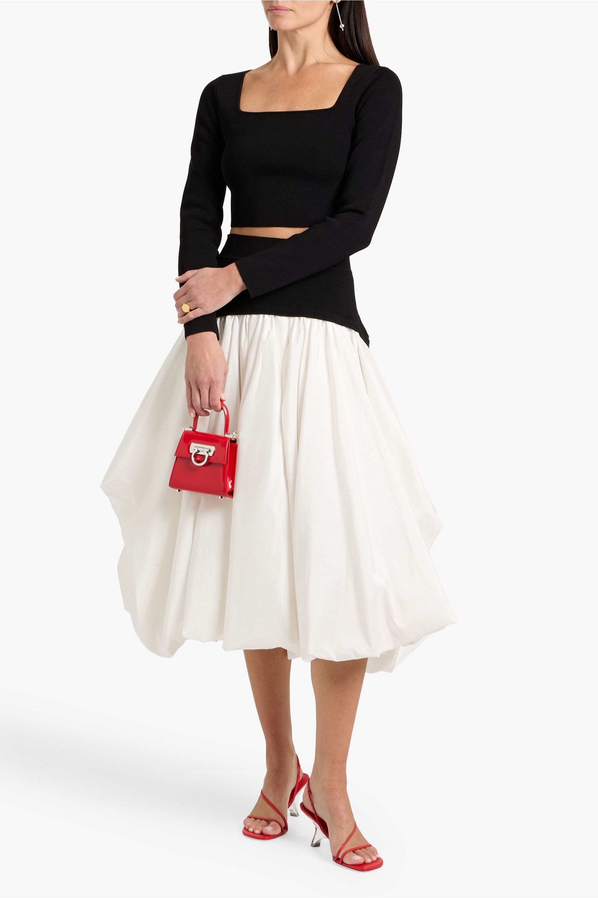 SIMKHAI Corrin ribbed-knit and cotton-poplin midi skirt