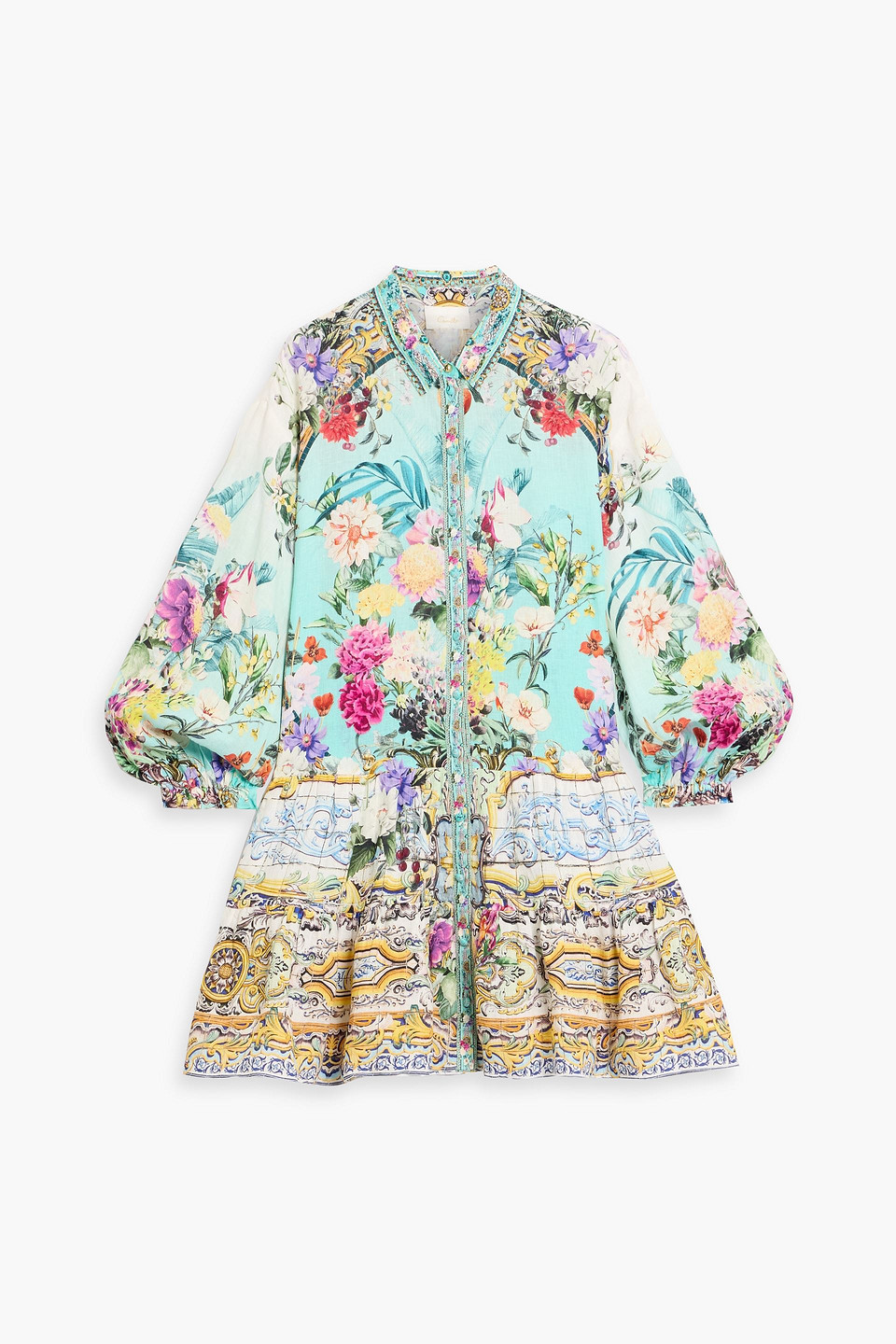 camilla - crystal-embellished printed linen mini shirt dress - blue - xl
