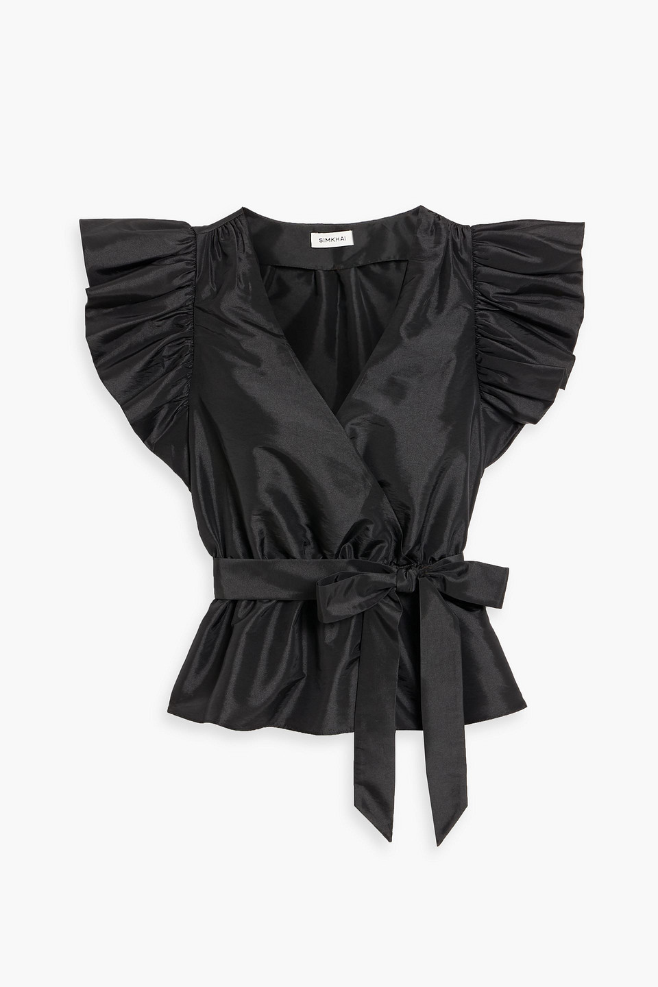 simkhai - adelaide wrap-effect ruffled taffeta top - black - us 4