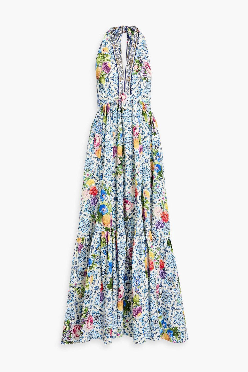 camilla - crystal-embellished printed cotton-poplin halterneck maxi dress - blue - m
