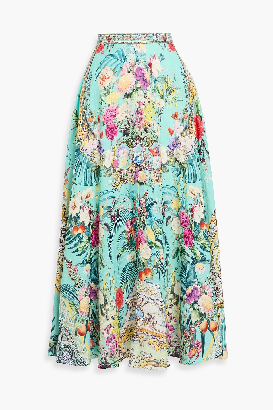 Camilla Crystal-embellished Printed Linen Maxi Skirt In Blue
