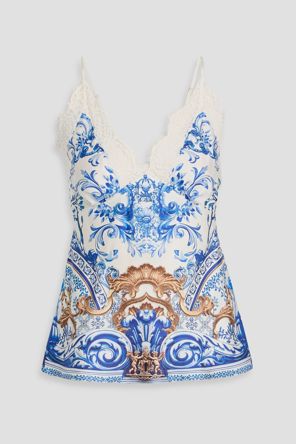 camilla - lace-trimmed printed silk-twill camisole - blue - l