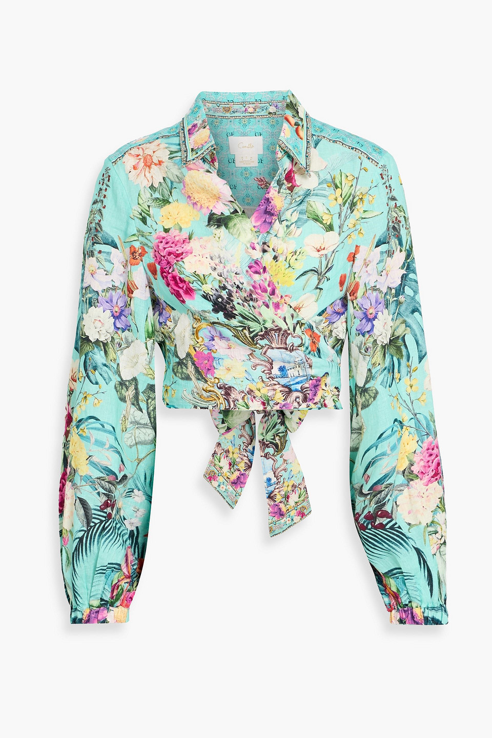 camilla - cropped crystal-embellished floral-print linen wrap top - blue - s