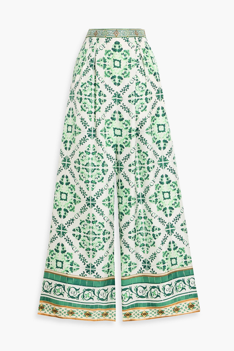 camilla - crystal-embellished printed silk wide-leg pants - green - xxs