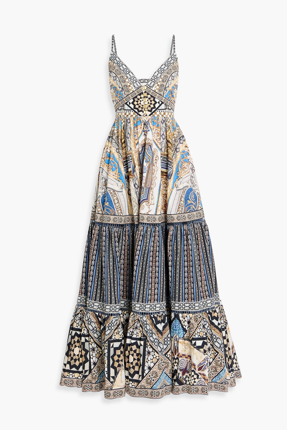 camilla - crystal-embellished tiered printed cotton maxi dress - blue - s