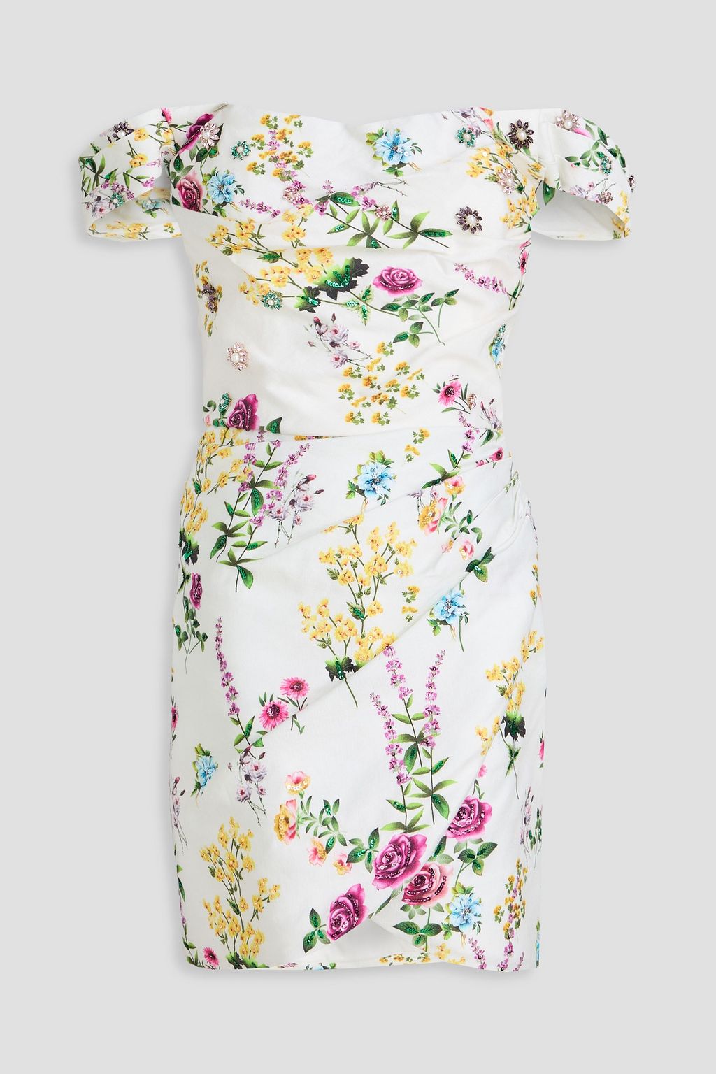 Diletta floral-print embellished cotton and linen-blend mini dress -  off-white - One Size