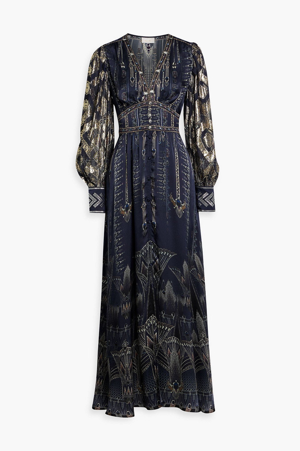 camilla - crystal-embellished printed silk-satin and metallic fil coupé maxi dress - blue - xxs