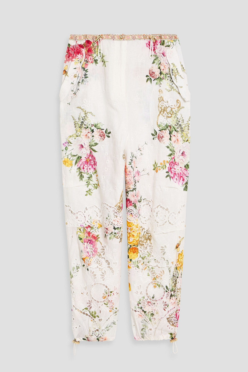 camilla - floral-print broderie anglaise linen tapered pants - white - xs