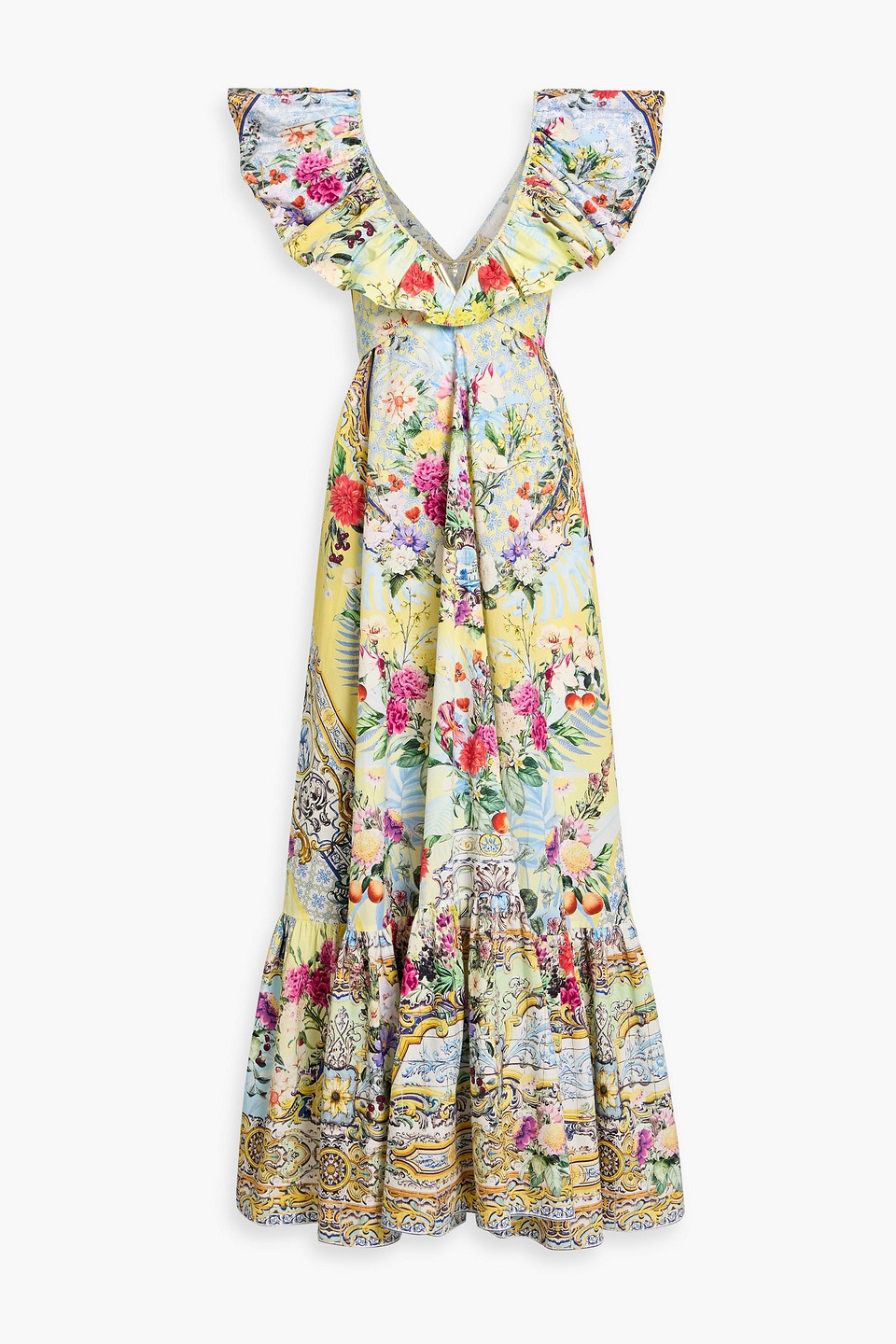 camilla - ruffled printed cotton-poplin maxi dress - yellow - m/l