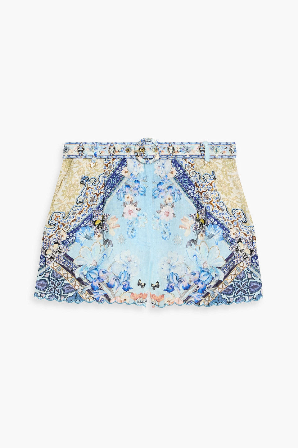 camilla - belted printed linen shorts - blue - xxs