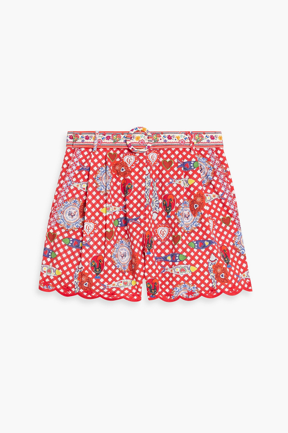 camilla - belted printed cotton-poplin shorts - red - m