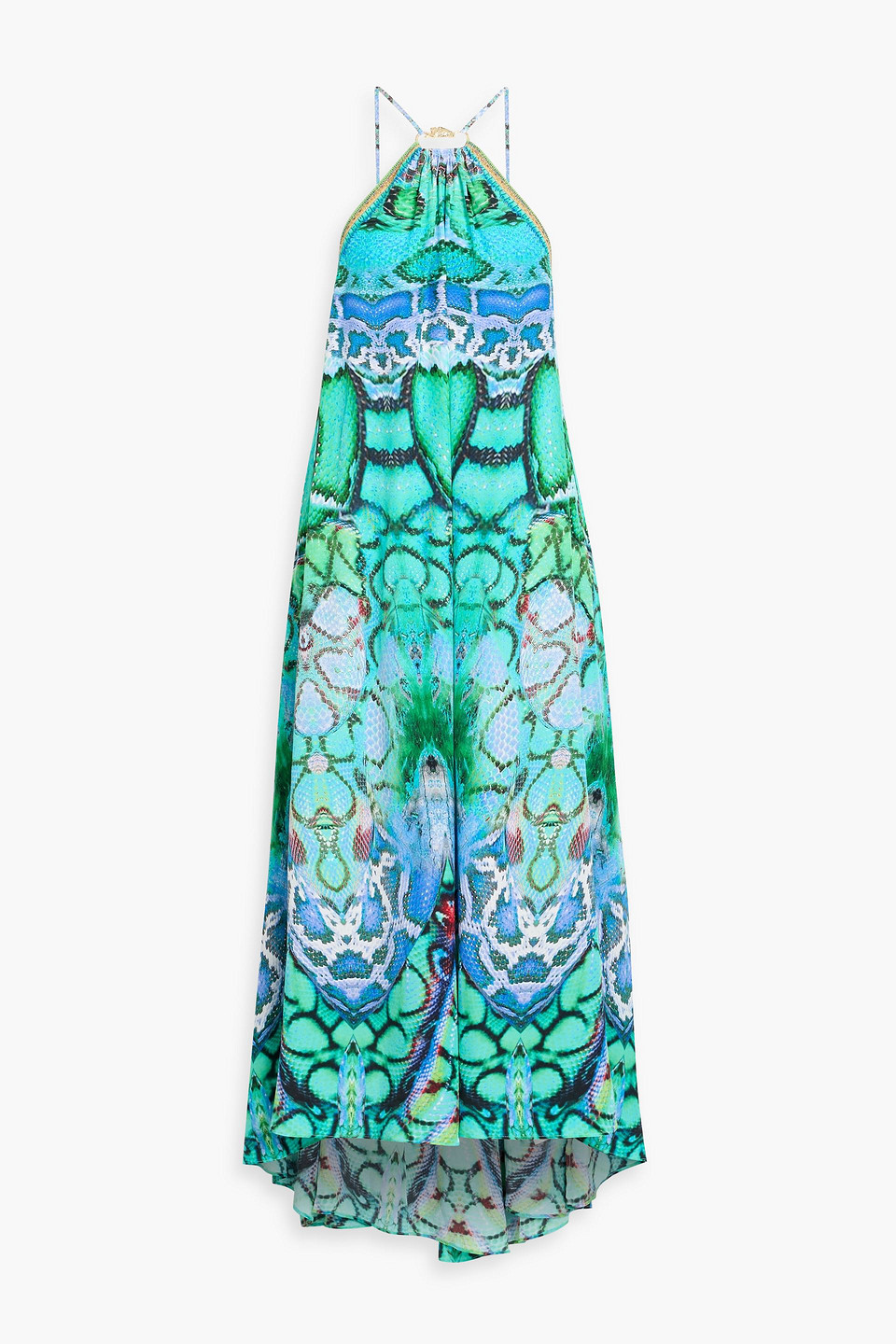 camilla - embellished printed silk-satin halterneck maxi dress - blue - m