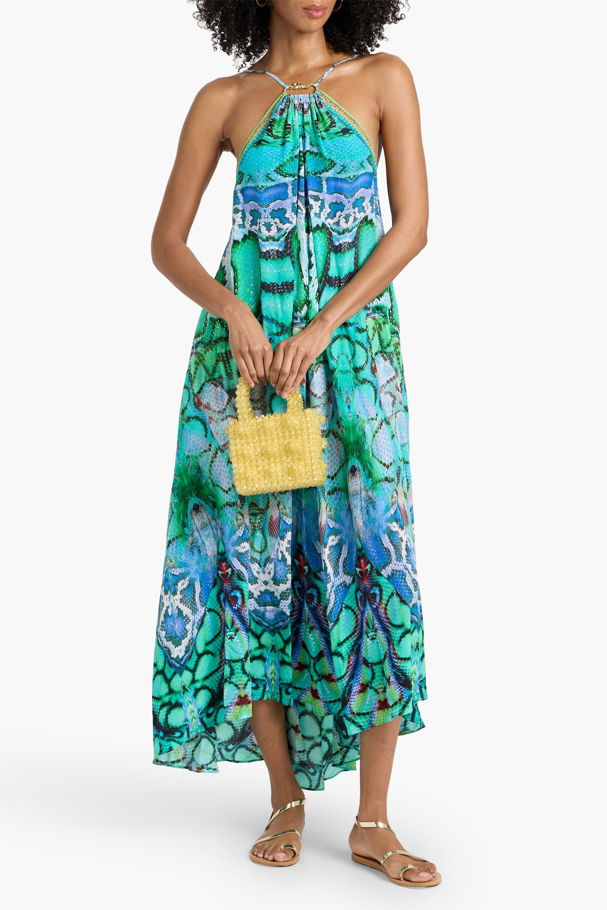 Camilla Embellished printed silk-satin halterneck maxi dress