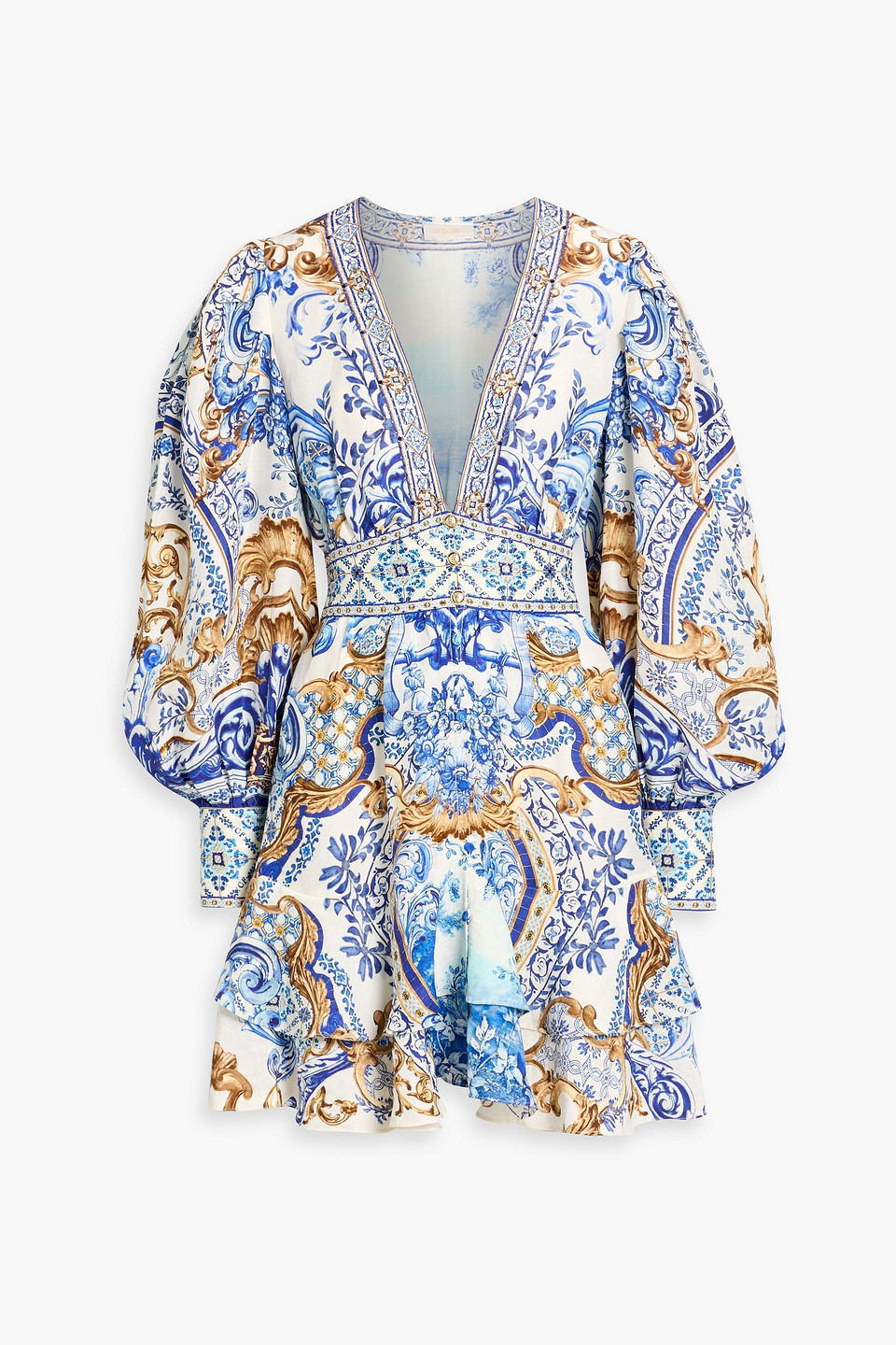 camilla - crystal-embellished printed linen and silk-blend mini dress - blue - l