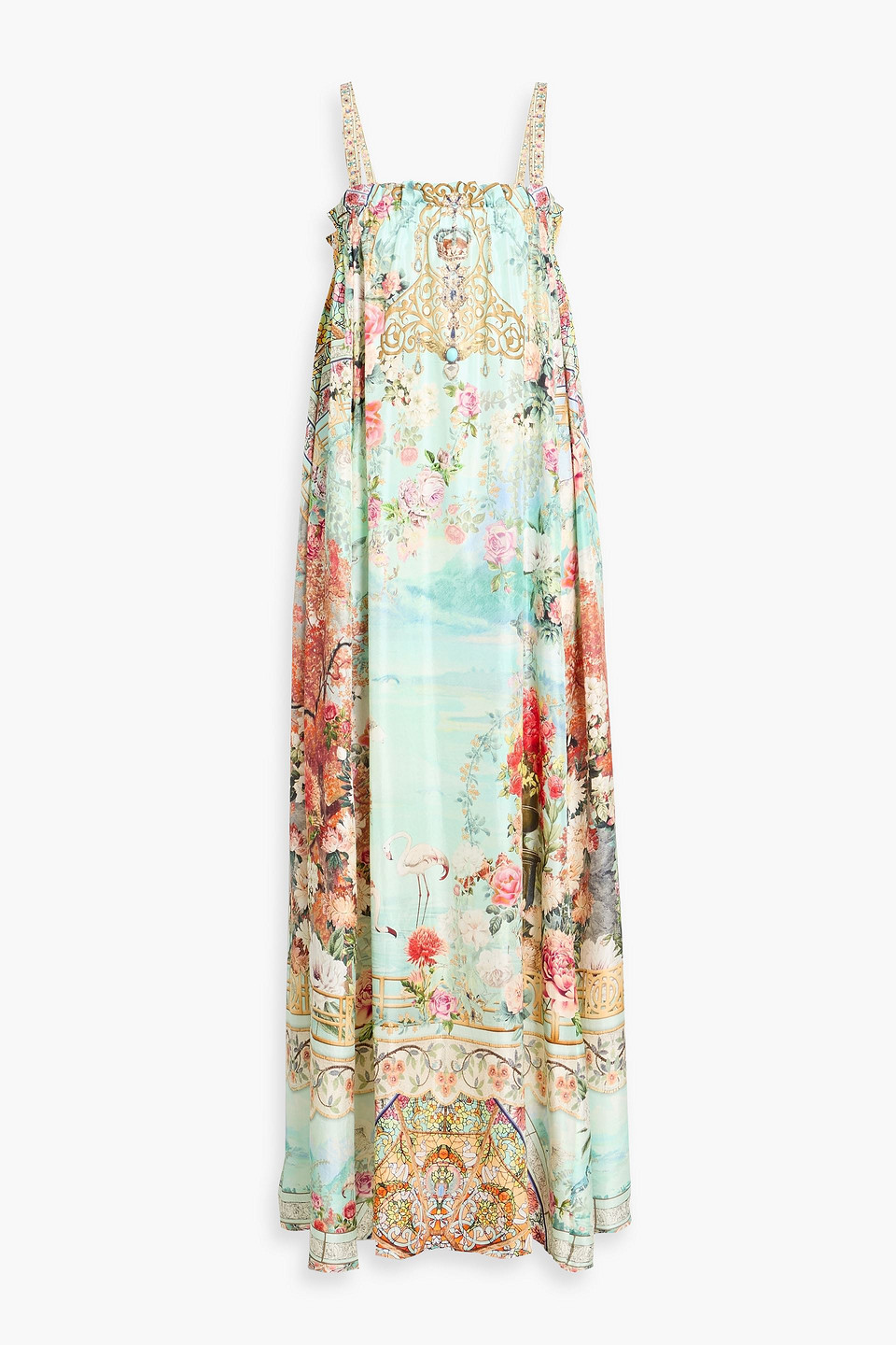 Camilla Crystal-embellished Printed Silk-satin Maxi Dress In Green