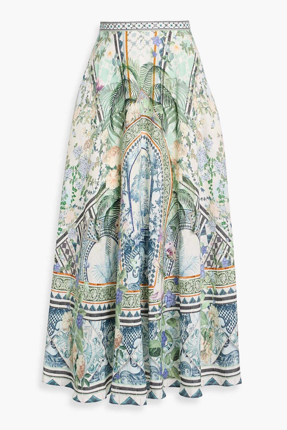 Camilla Crystal-embellished Printed Linen Maxi Skirt In Green