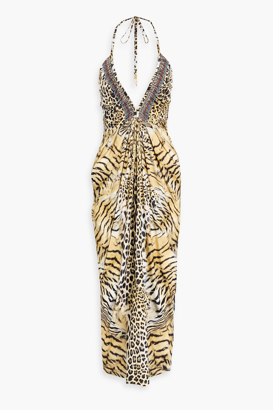 Camilla Crystal-embellished Leopard-print Stretch-jersey Halterneck Midi Dress In Brown