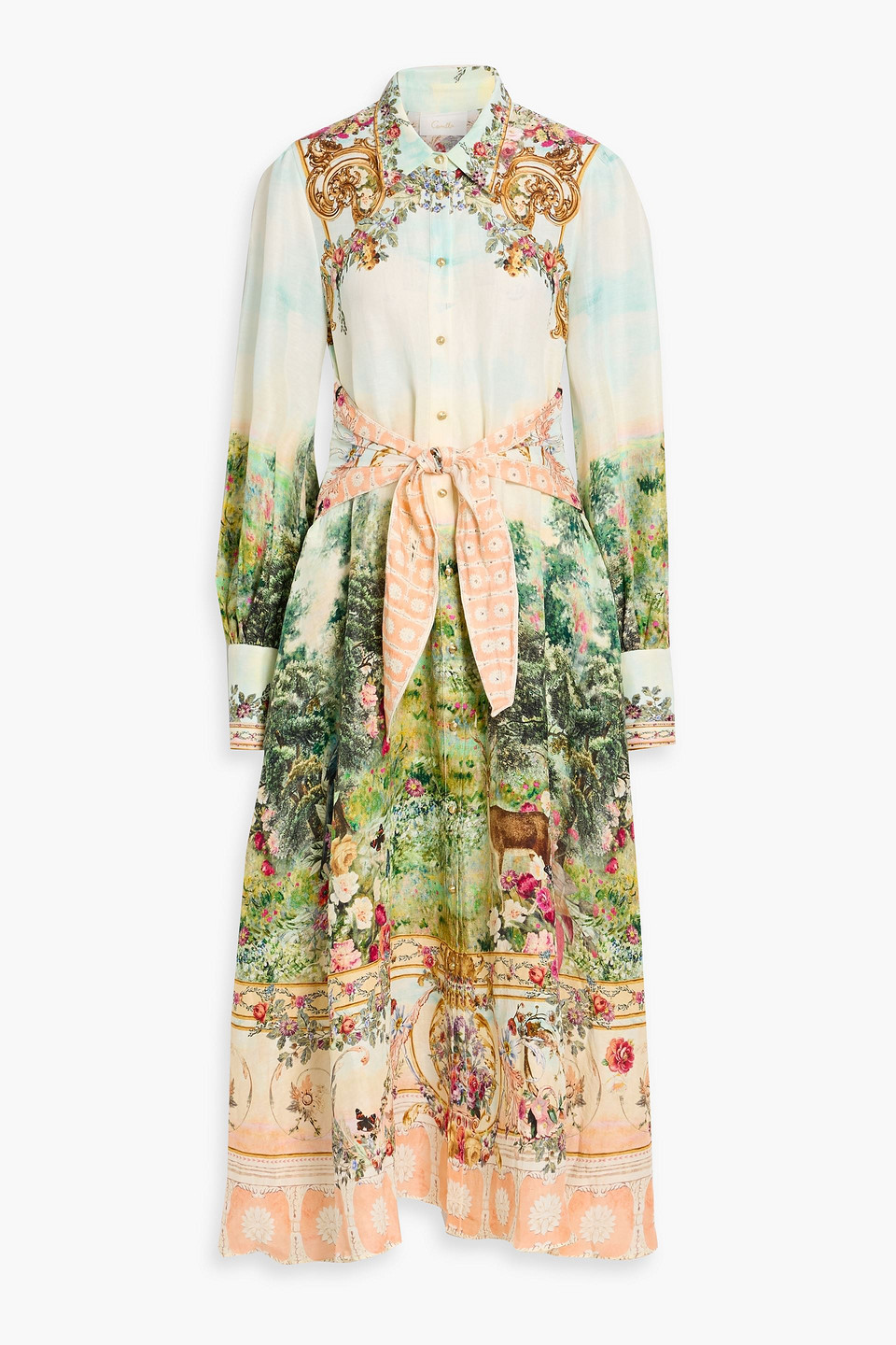 Camilla Crystal-embellished Printed Linen And Silk-blend Midi Shirt Dress In Green