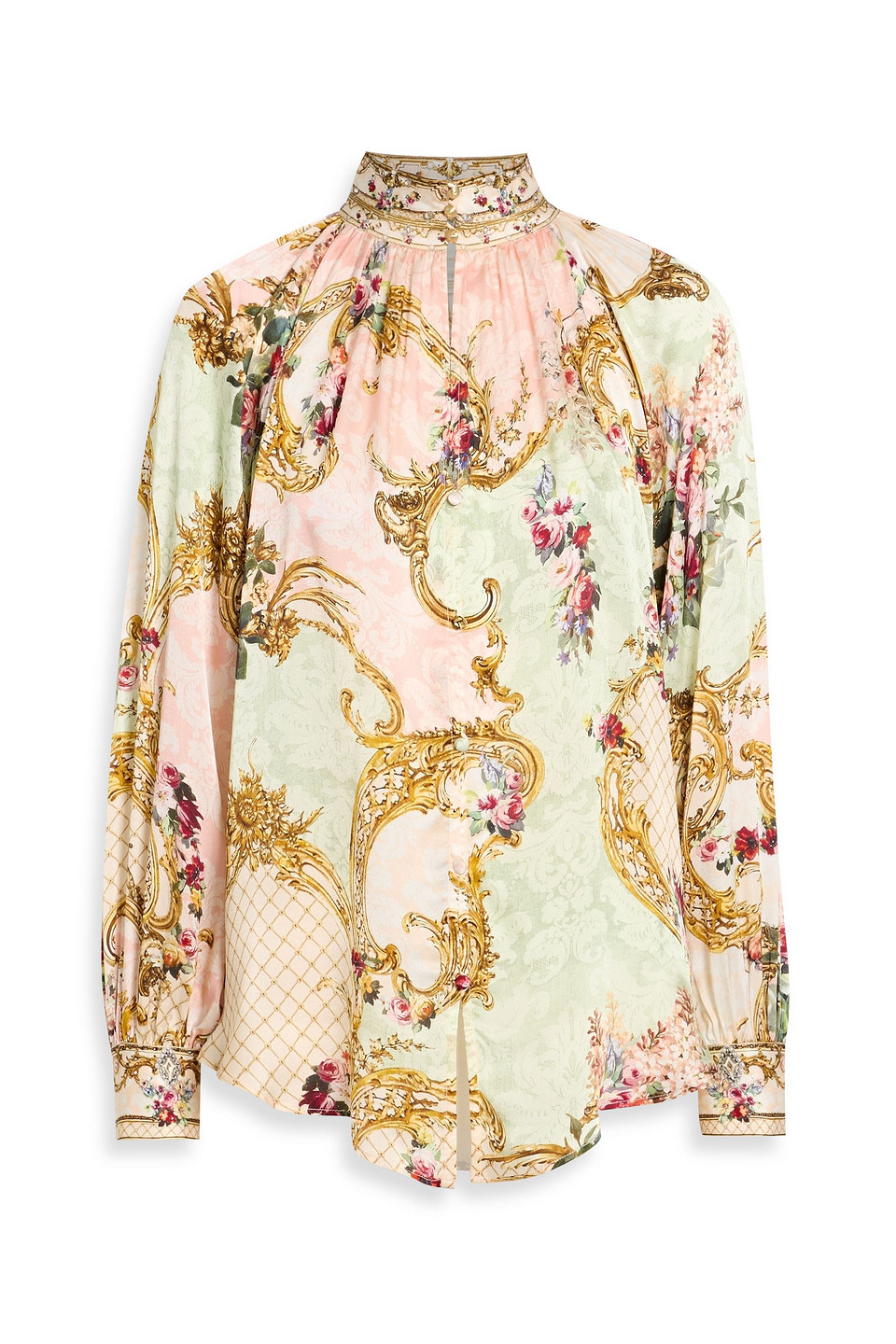Camilla Crystal-embellished Printed Silk-satin Blouse In Pink