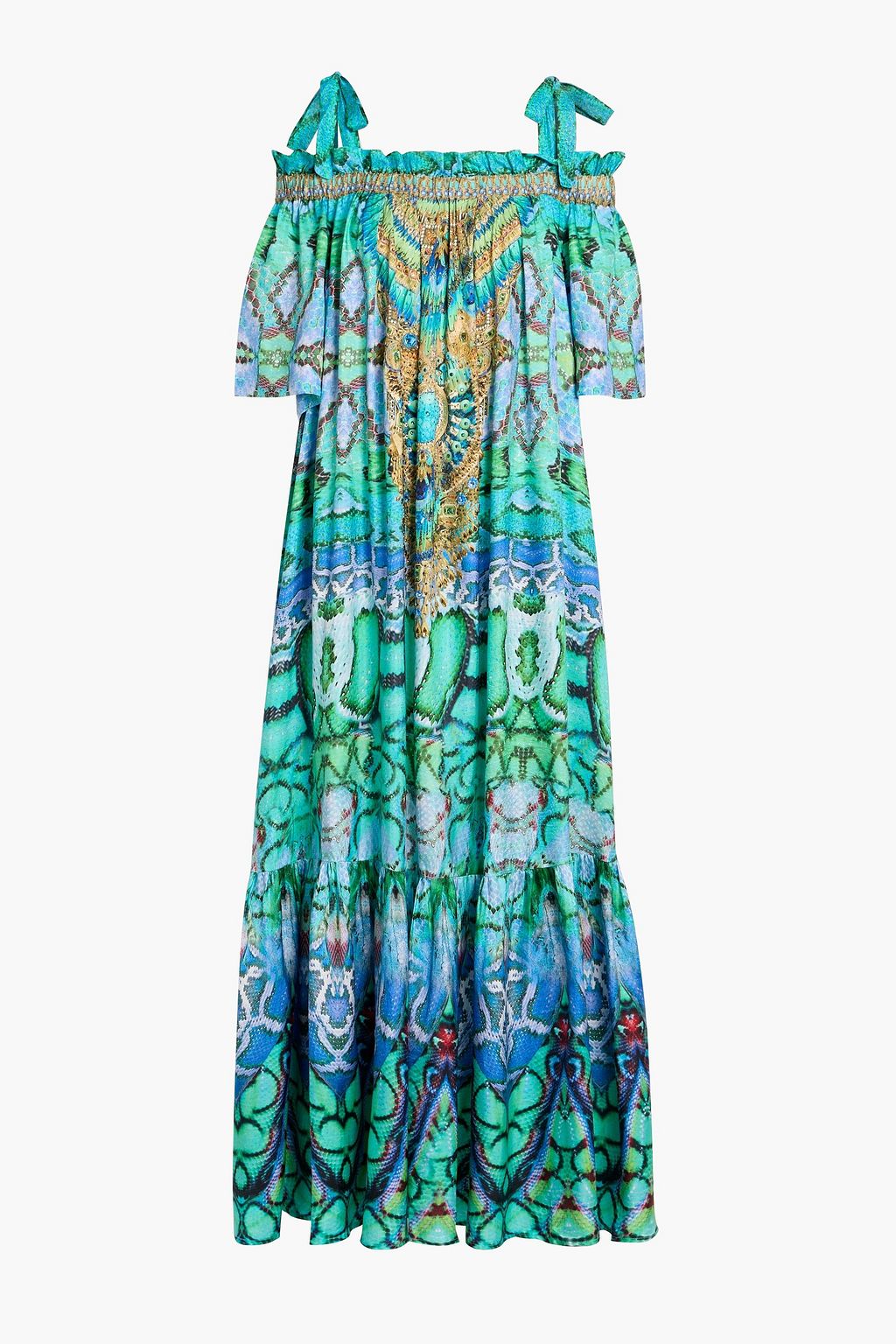 CAMILLA Cold-shoulder crystal-embellished printed silk-twill maxi dress |  THE OUTNET