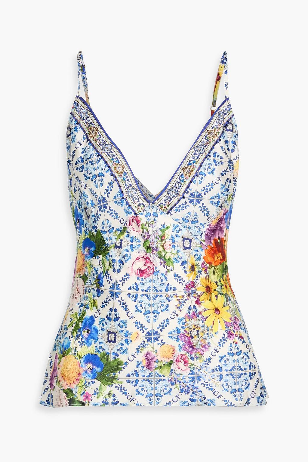 【美品✨】CAMILLAカミラ スリムフィット カフタン スプリット高級 シルク CAMILLA Crystal-embellished printed silk-twill camisole | THE OUTNET