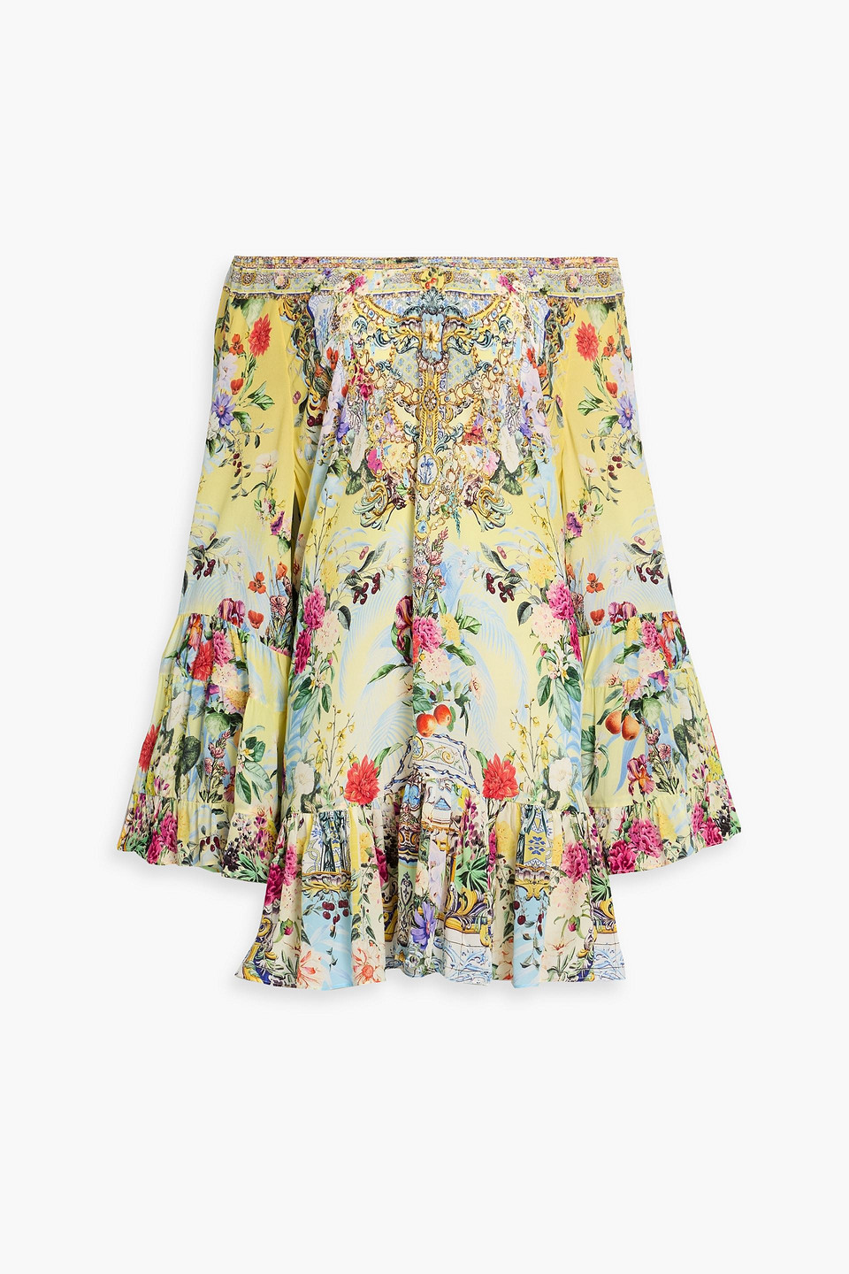 camilla - off-the-shoulder crystal-embellished printed silk crepe de chine mini dress - yellow - l
