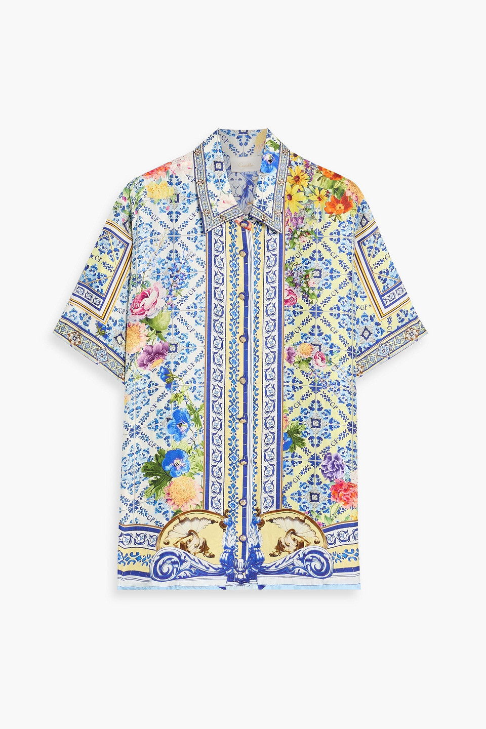 camilla - crystal-embellished printed silk-twill shirt - blue - xxs