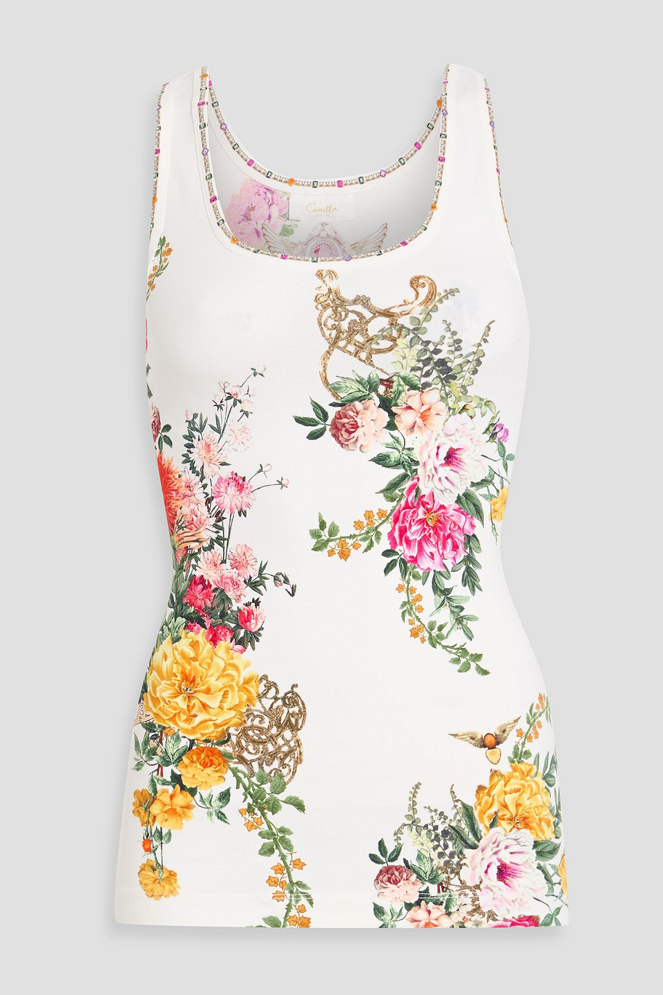 camilla - crystal-embellished floral-print cotton-blend jersey tank - white - s