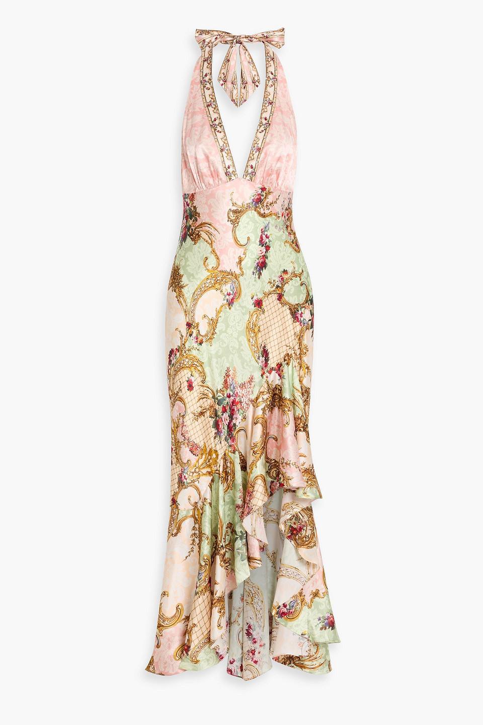 camilla - crystal-embellished printed silk-satin halterneck maxi dress - pink - l