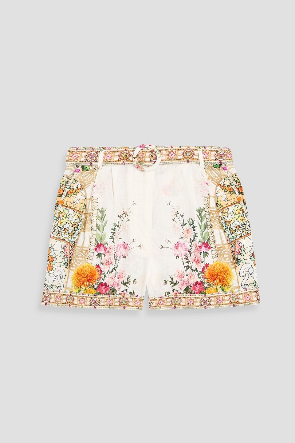 Camilla Belted Crystal-embellished Printed Linen Shorts In White