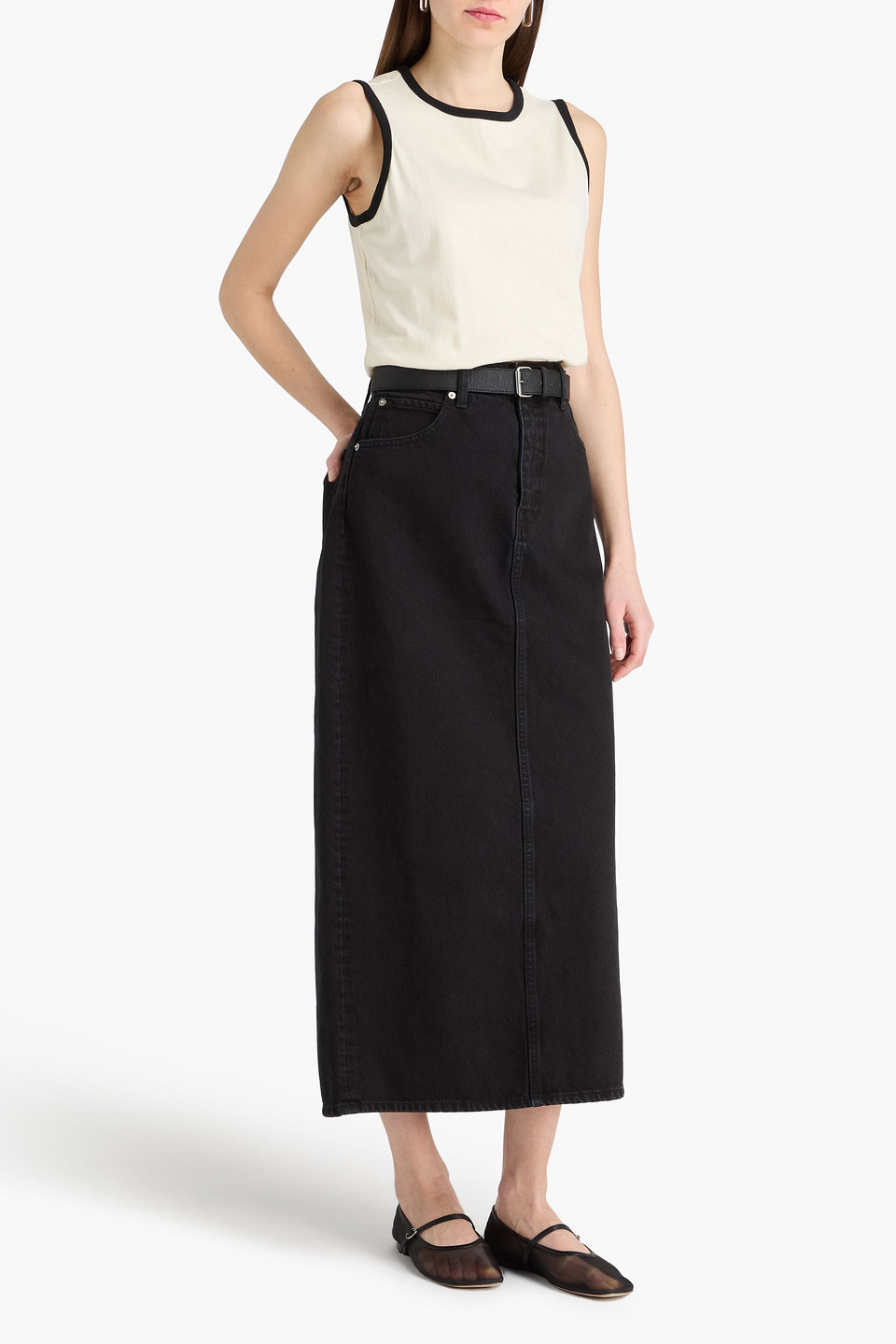  Frame - Denim Midi Pencil Skirt - Black - 23 