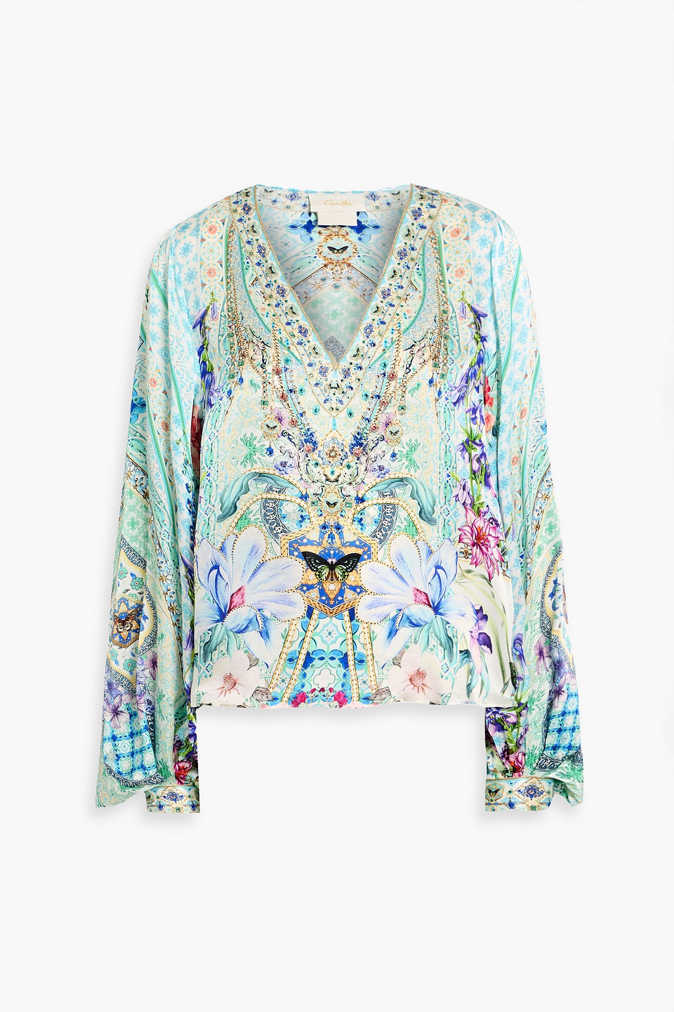camilla - crystal-embellished floral-print silk crepe de chine blouse - blue - xxl