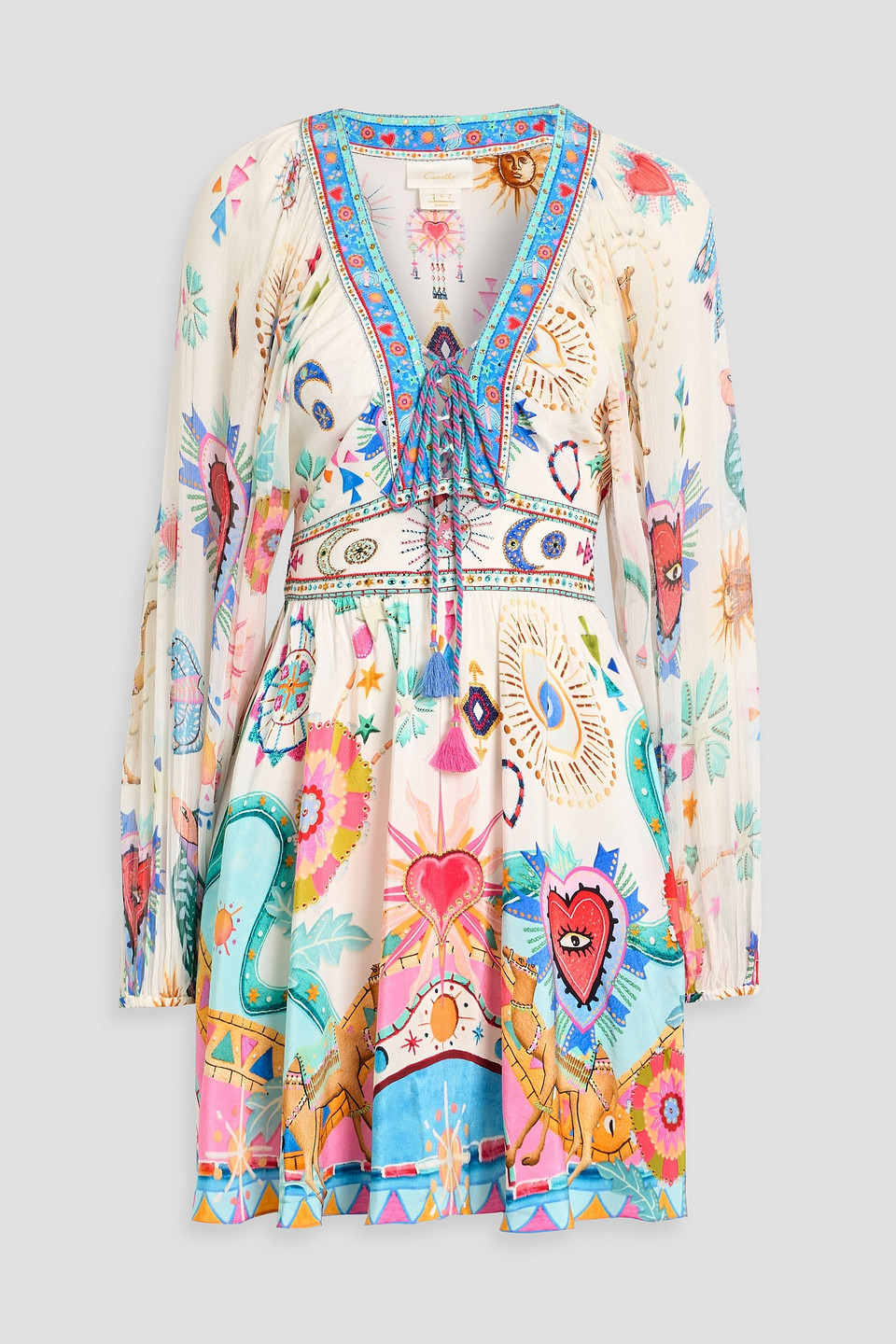 Camilla Lace-up Crystal-embellished Printed Silk-crepon Mini Dress In Multi