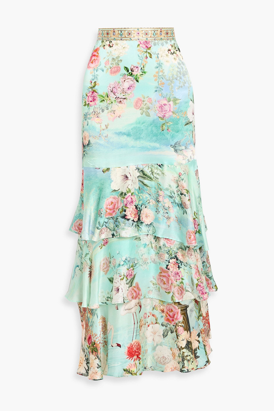 camilla - ruffled crystal-embellished floral-print silk-satin maxi skirt - green - m