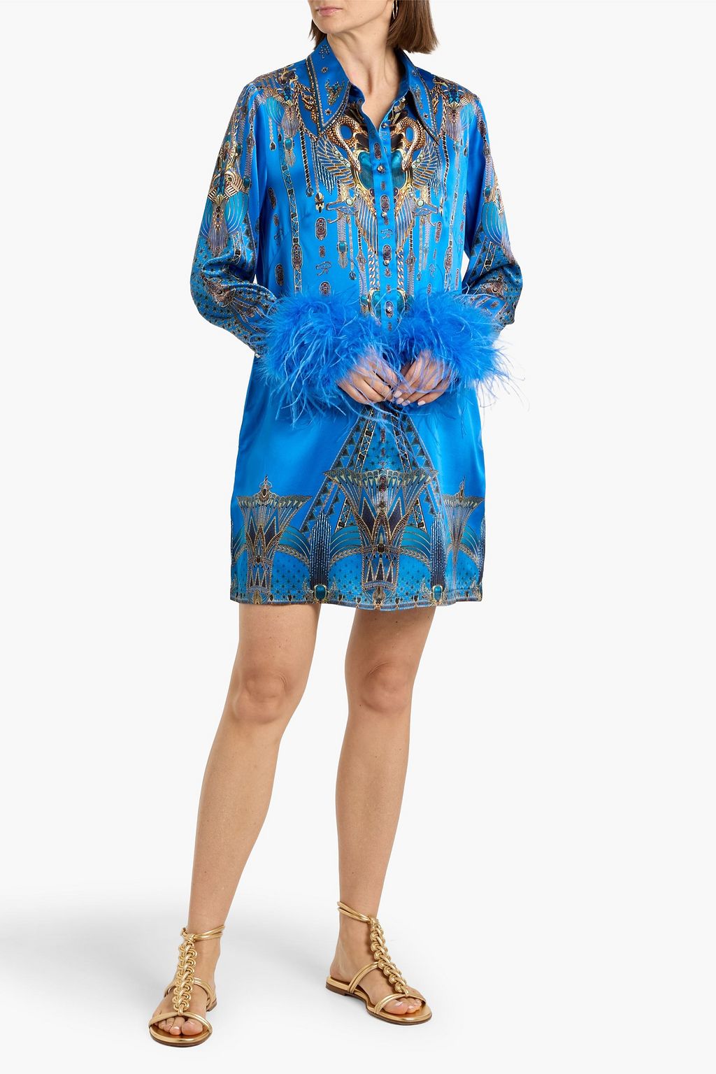 CAMILLA Feather-trimmed printed silk crepe de chine mini shirt dress | THE OUTNET CAMILLA Feather-trimmed printed silk crepe de chine mini shirt dress | THE OUTNET