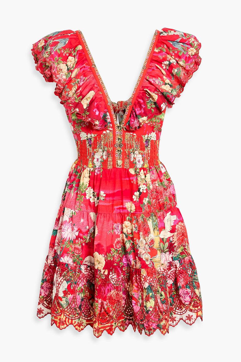 camilla - broderie anglaise-trimmed floral-print cotton-poplin mini dress - red - m